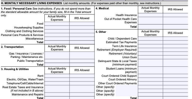 Section H: Monthly Necessary Living Expenses